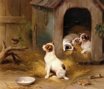 Edgar Hunt Painting - The Puppies poultry livestock barn Edgar Hunt